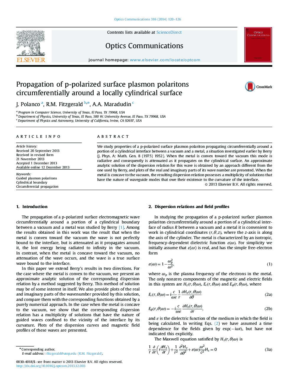 عکس صفحه اول مقاله: Propagation of p-polarized surface plasmon polaritons circumferentially around a locally cylindrical surface Propagation of p-polarized surface plasmon polaritons circumferentially around a locally cylindrical surface