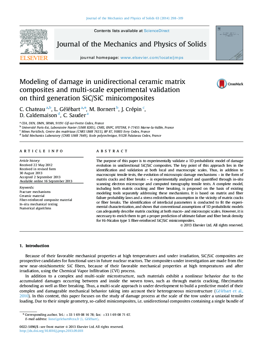 Modeling of damage in unidirectional ceramic matrix composites and multi-scale experimental validation on third generation SiC/SiC minicomposites