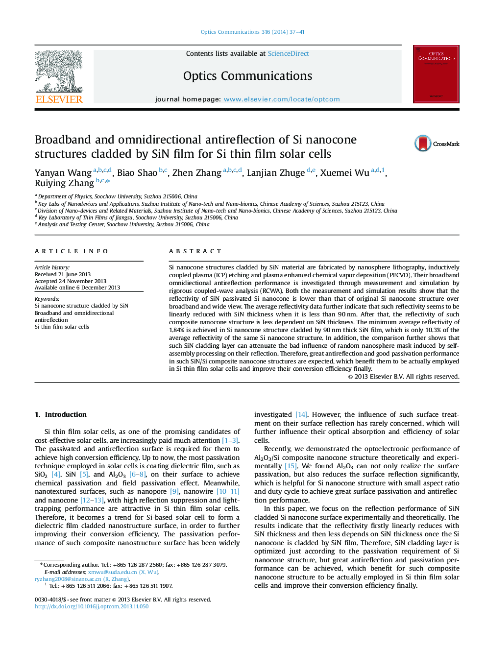 عکس صفحه اول مقاله: Broadband and omnidirectional antireflection of Si nanocone structures cladded by SiN film for Si thin film solar cells Broadband and omnidirectional antireflection of Si nanocone structures cladded by SiN film for Si thin film solar cells