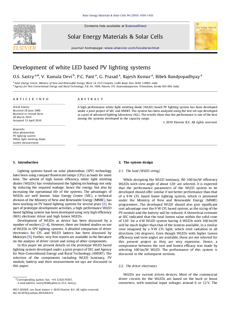 Development of white LED based PV lighting systems