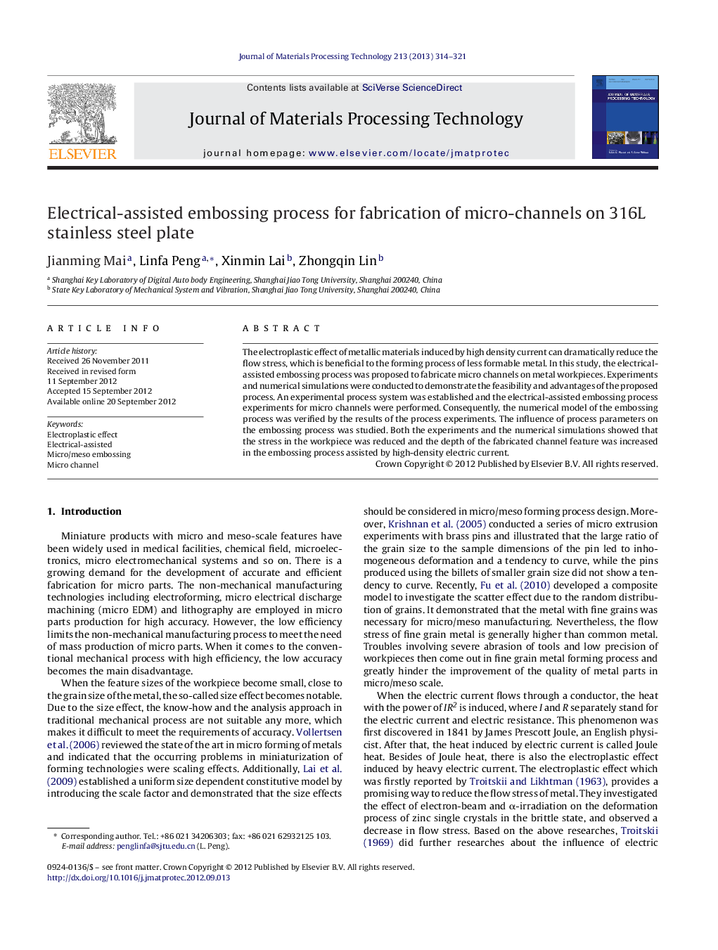 Electrical-assisted embossing process for fabrication of micro-channels on 316L stainless steel plate