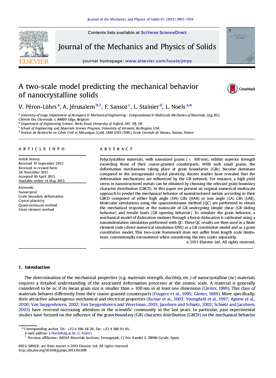 A two-scale model predicting the mechanical behavior of nanocrystalline solids