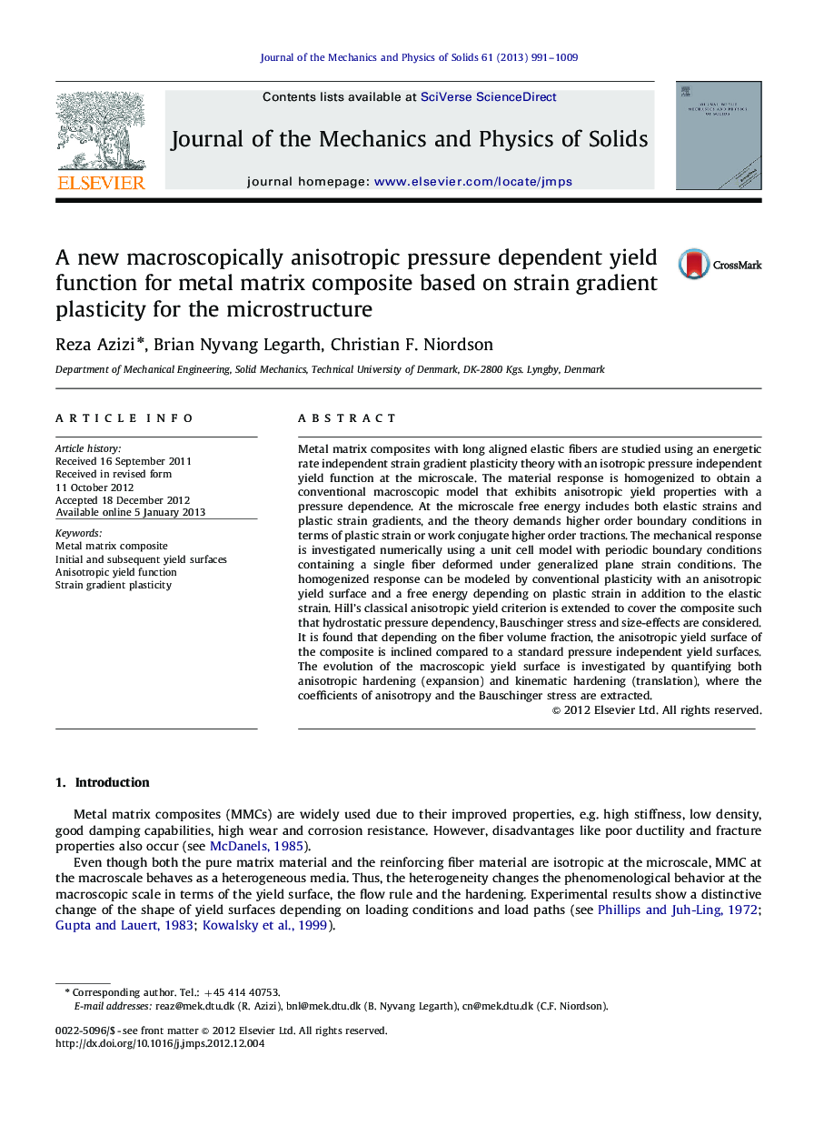 A new macroscopically anisotropic pressure dependent yield function for metal matrix composite based on strain gradient plasticity for the microstructure