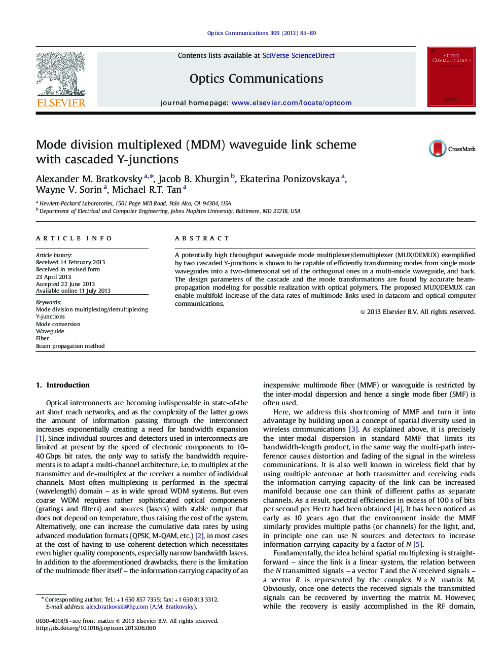 Mode division multiplexed (MDM) waveguide link scheme with cascaded Y-junctions