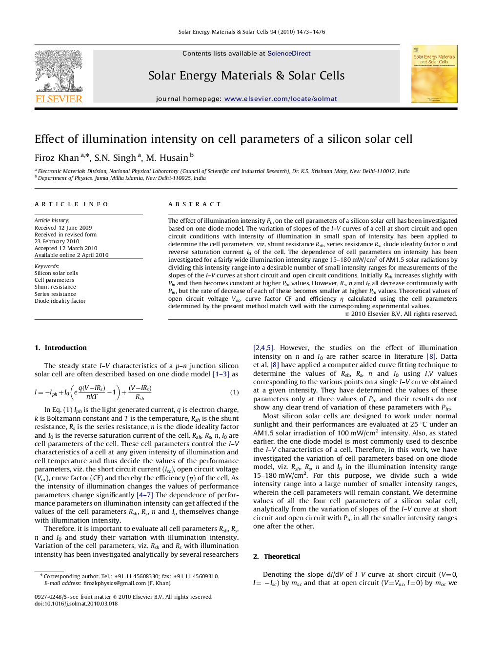 Effect of illumination intensity on cell parameters of a silicon solar cell