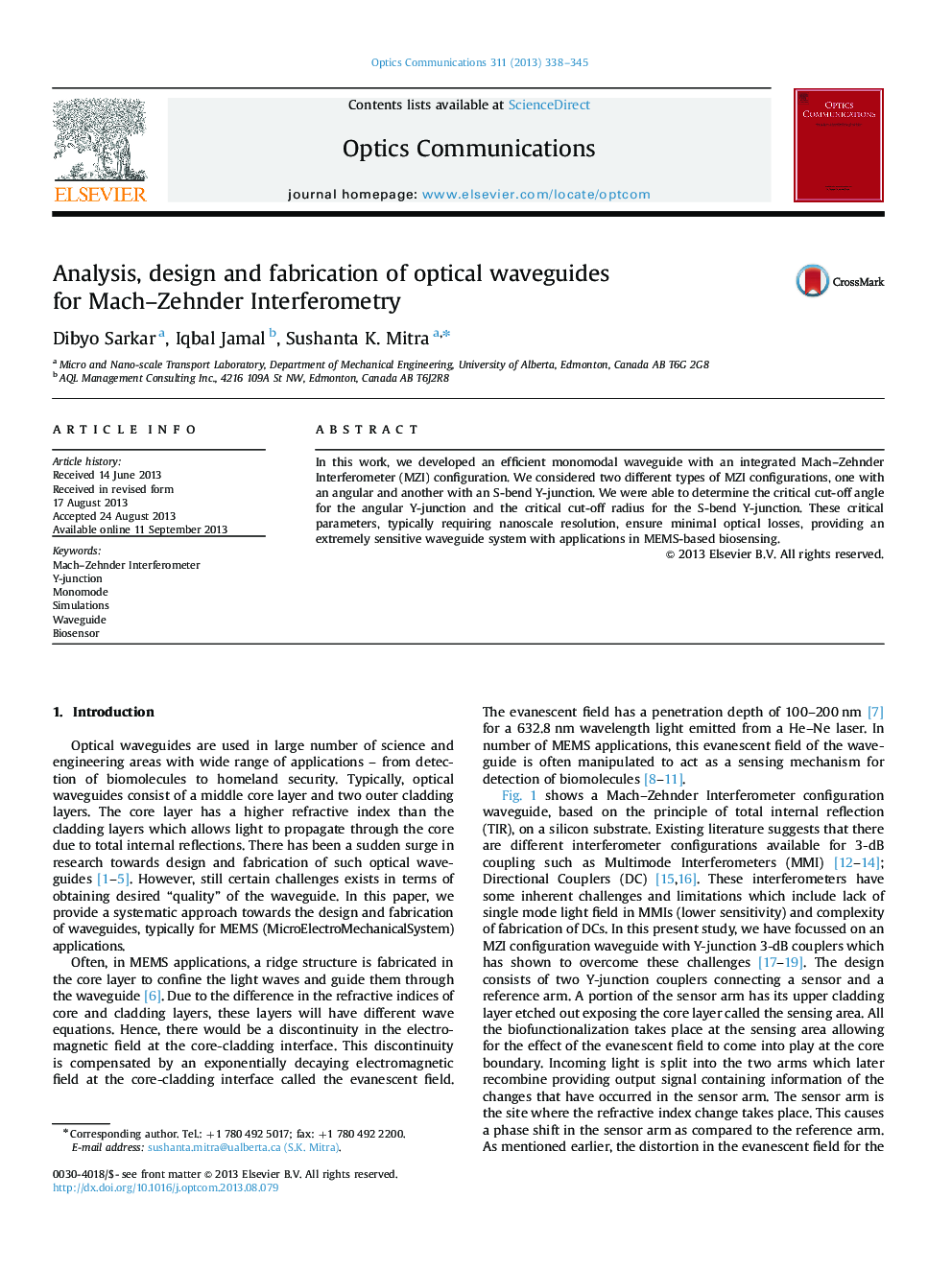 Analysis, design and fabrication of optical waveguides for Mach-Zehnder Interferometry