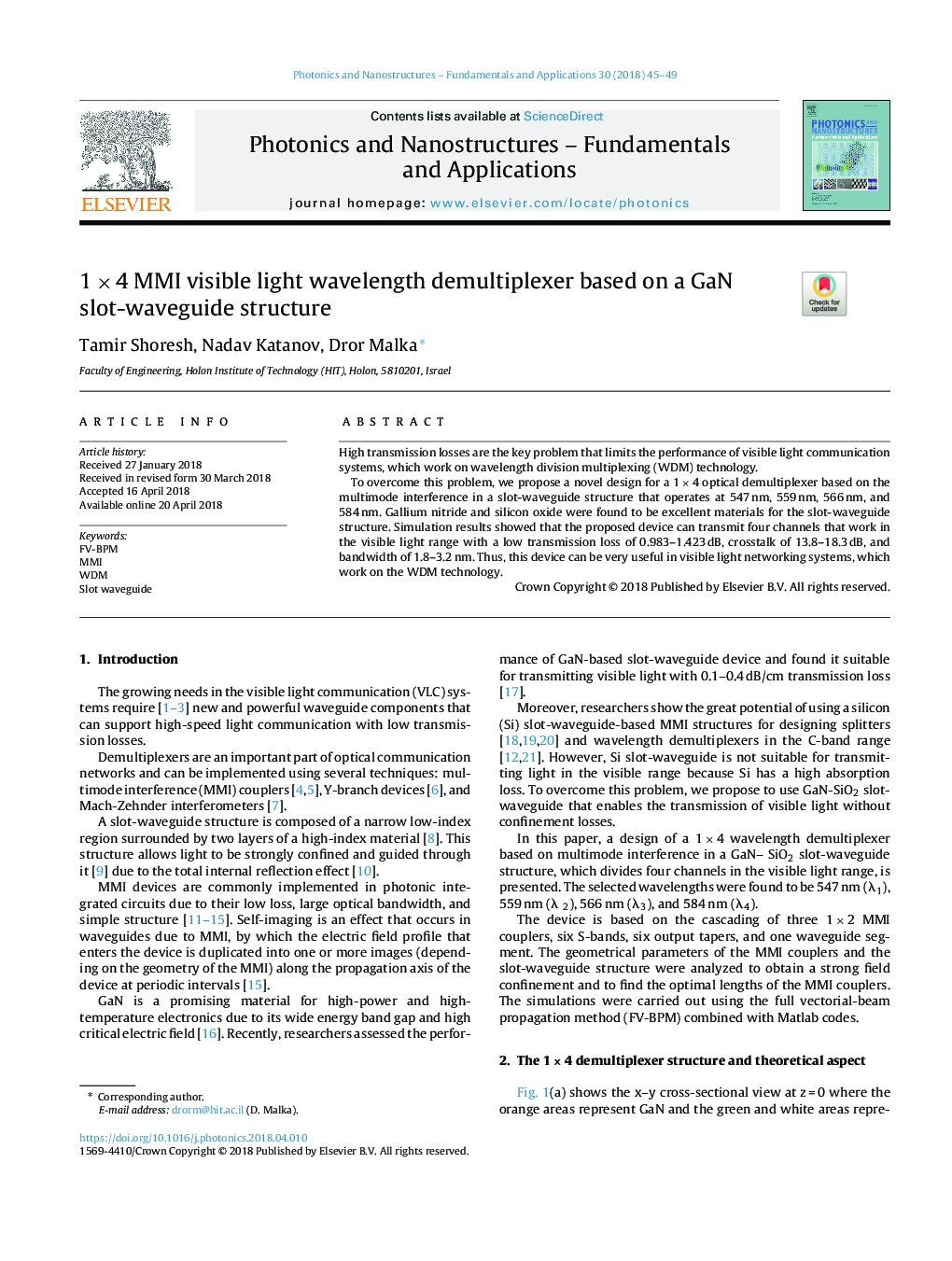 1â¯Ãâ¯4 MMI visible light wavelength demultiplexer based on a GaN slot-waveguide structure