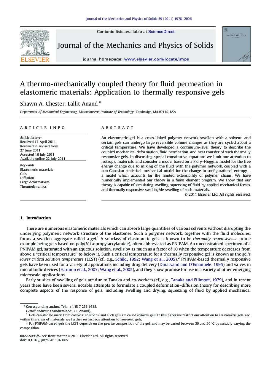 A thermo-mechanically coupled theory for fluid permeation in elastomeric materials: Application to thermally responsive gels