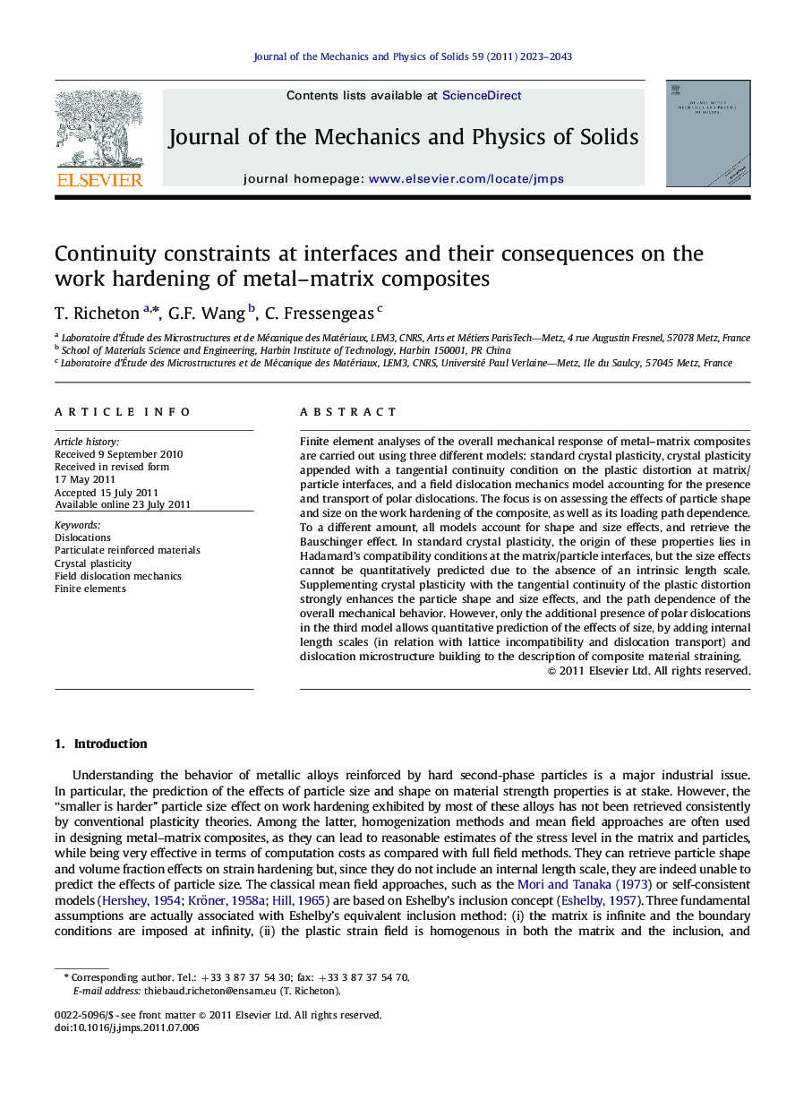 Continuity constraints at interfaces and their consequences on the work hardening of metal–matrix composites