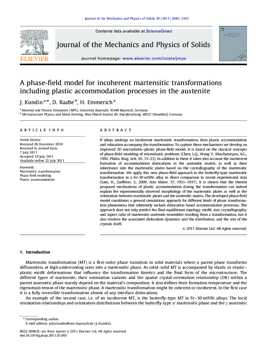 A phase-field model for incoherent martensitic transformations including plastic accommodation processes in the austenite