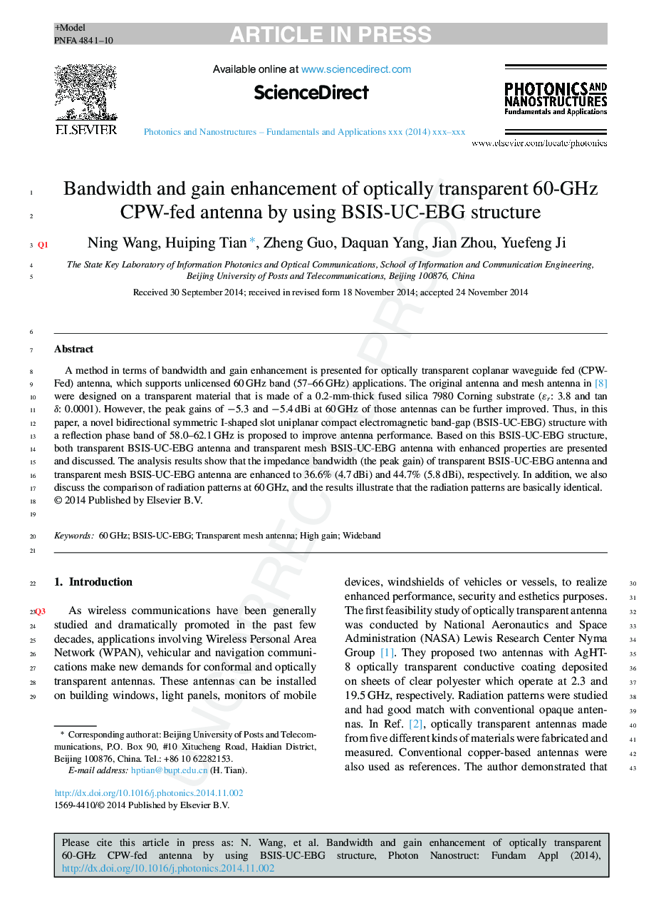 Bandwidth and gain enhancement of optically transparent 60-GHz CPW-fed antenna by using BSIS-UC-EBG structure