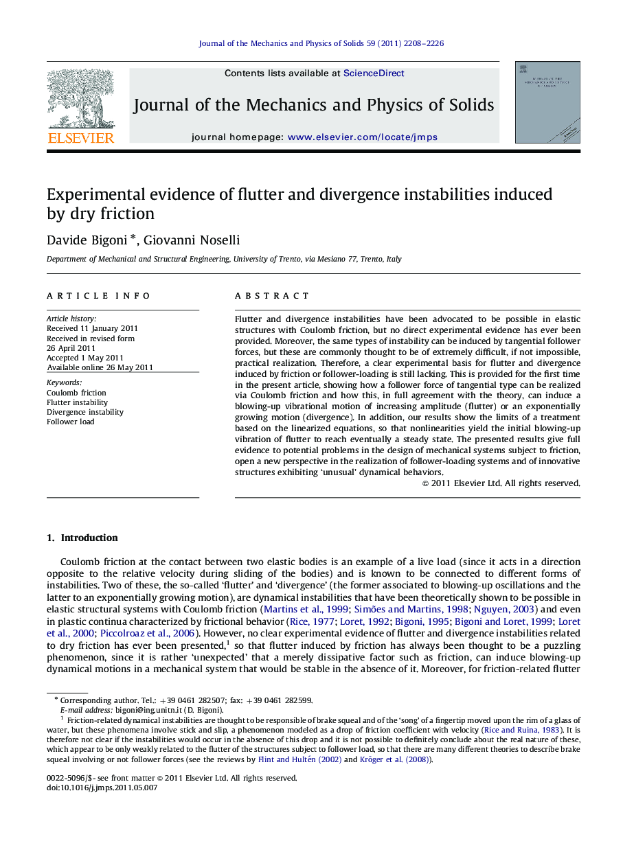 Experimental evidence of flutter and divergence instabilities induced by dry friction