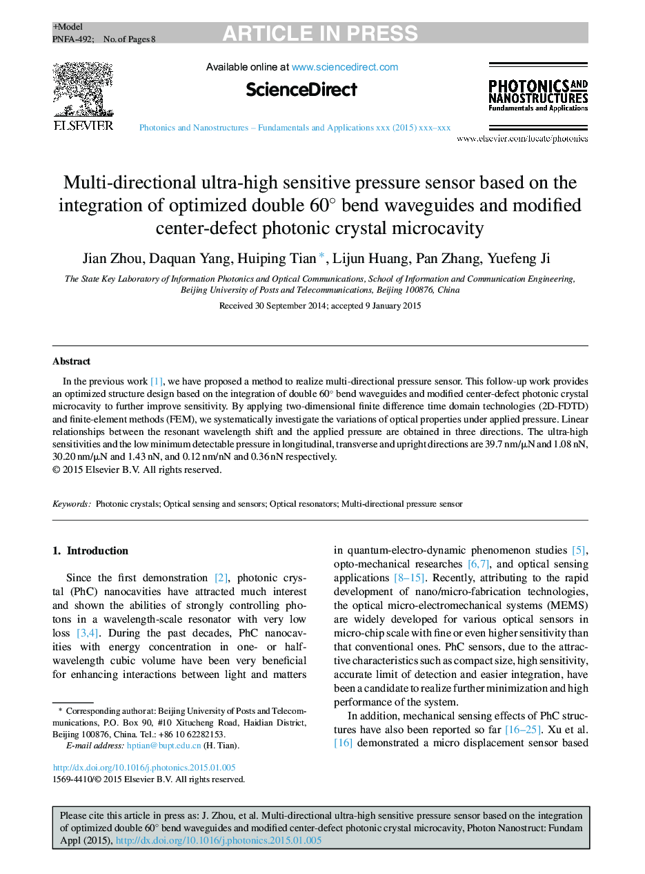 Multi-directional ultra-high sensitive pressure sensor based on the integration of optimized double 60Â° bend waveguides and modified center-defect photonic crystal microcavity