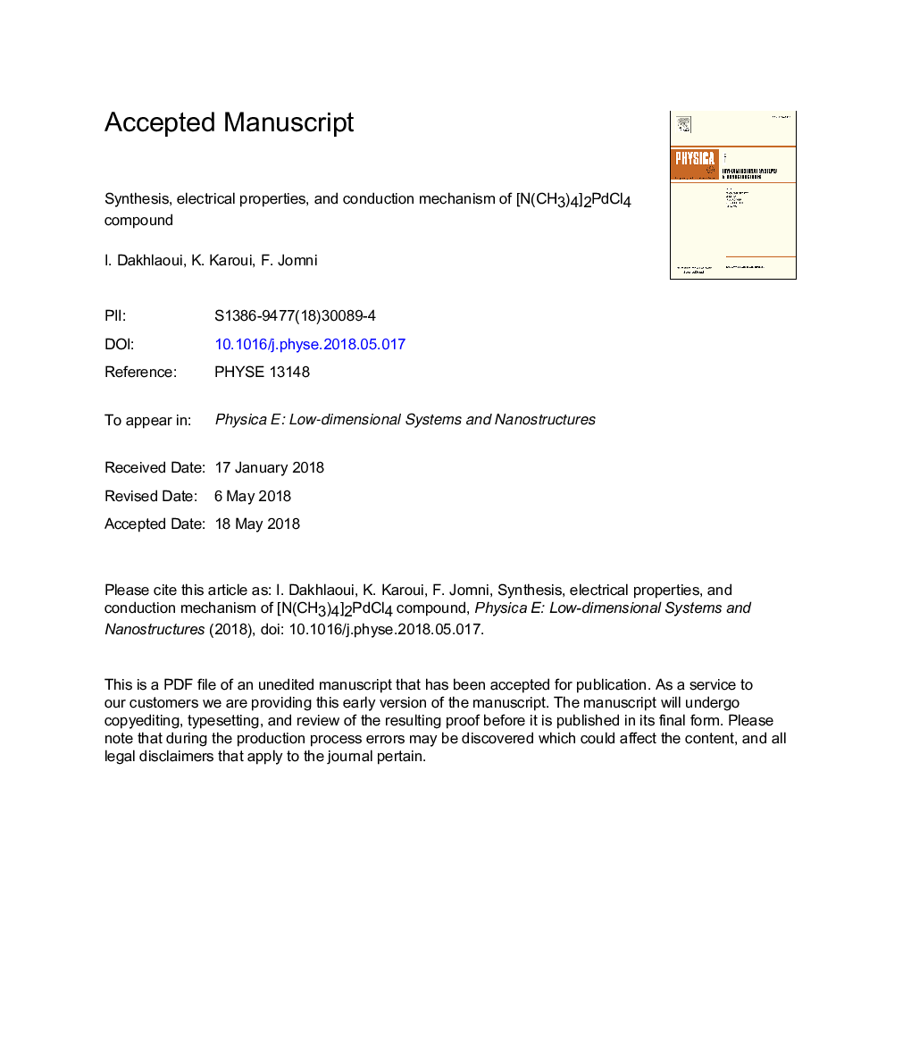 Synthesis, electrical properties, and conduction mechanism of [N(CH3)4]2PdCl4 compound