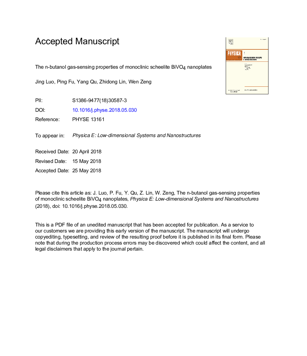 The n-butanol gas-sensing properties of monoclinic scheelite BiVO4 nanoplates