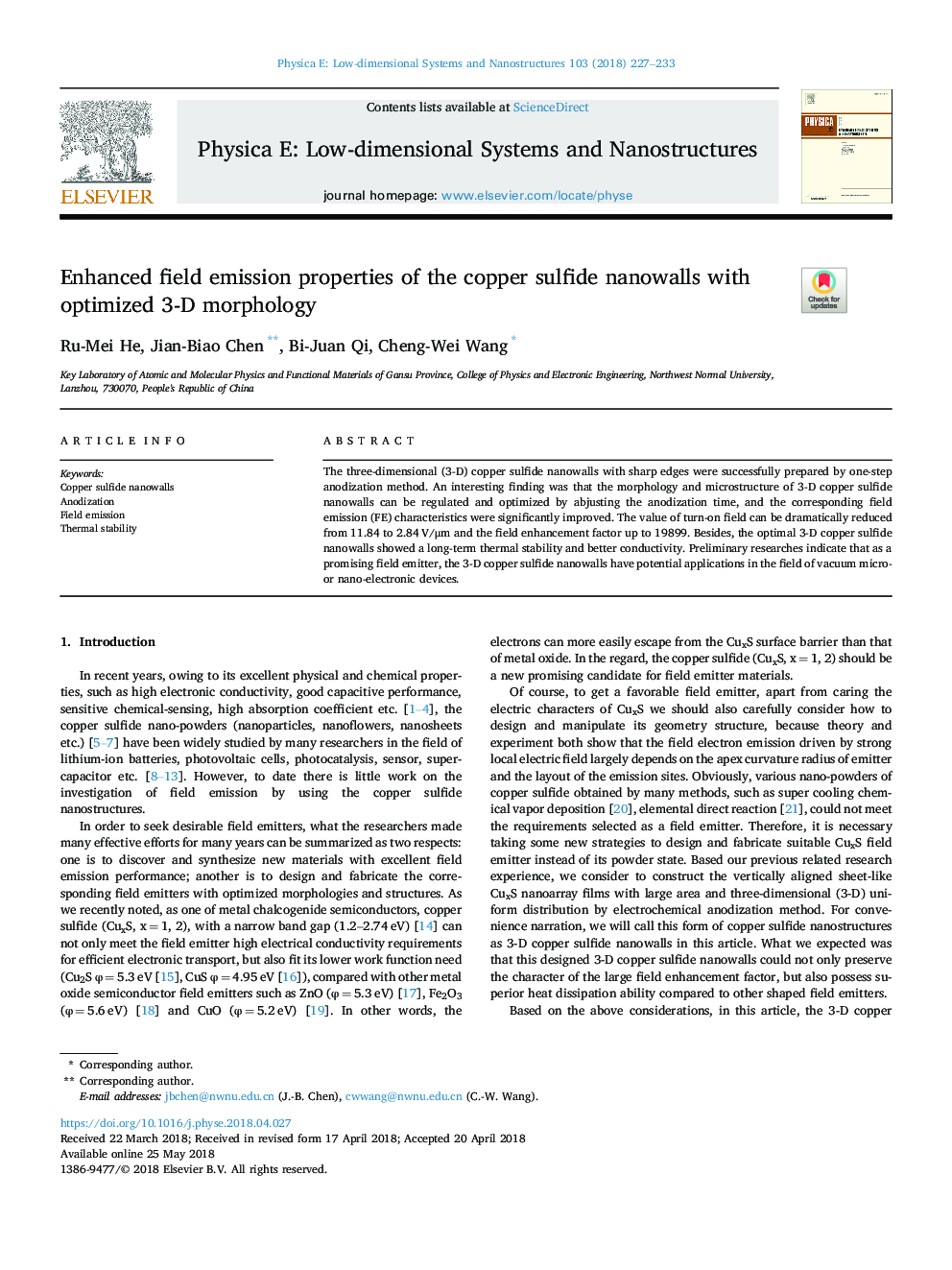 Enhanced field emission properties of the copper sulfide nanowalls with optimized 3-D morphology