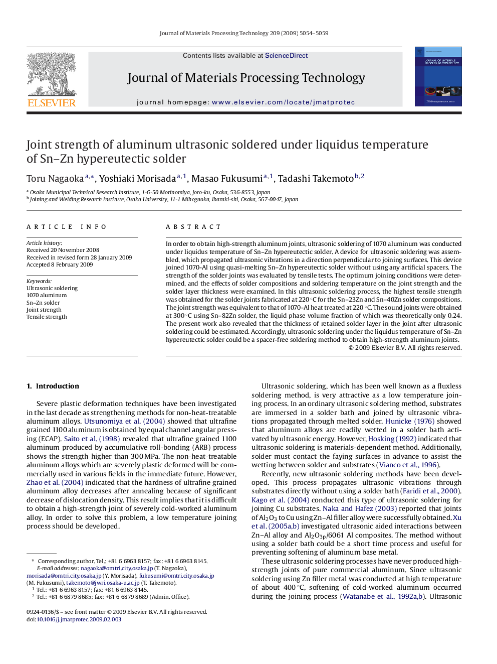 Joint strength of aluminum ultrasonic soldered under liquidus temperature of Sn–Zn hypereutectic solder