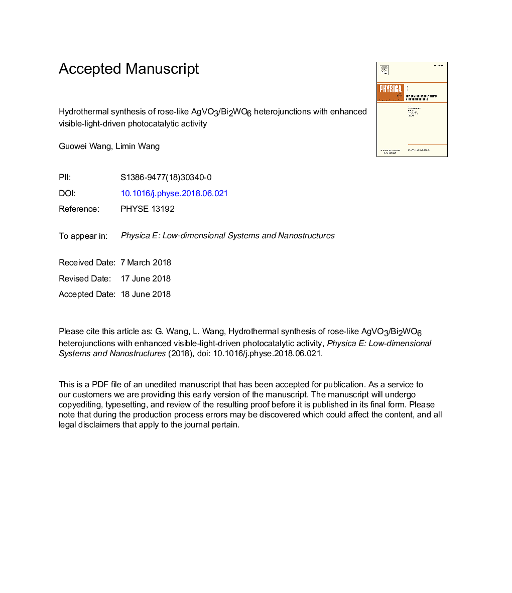 عکس صفحه اول مقاله: Hydrothermal synthesis of rose-like AgVO3/Bi2WO6 heterojunctions with enhanced visible-light-driven photocatalytic activity Hydrothermal synthesis of rose-like AgVO3/Bi2WO6 heterojunctions with enhanced visible-light-driven photocatalytic activity