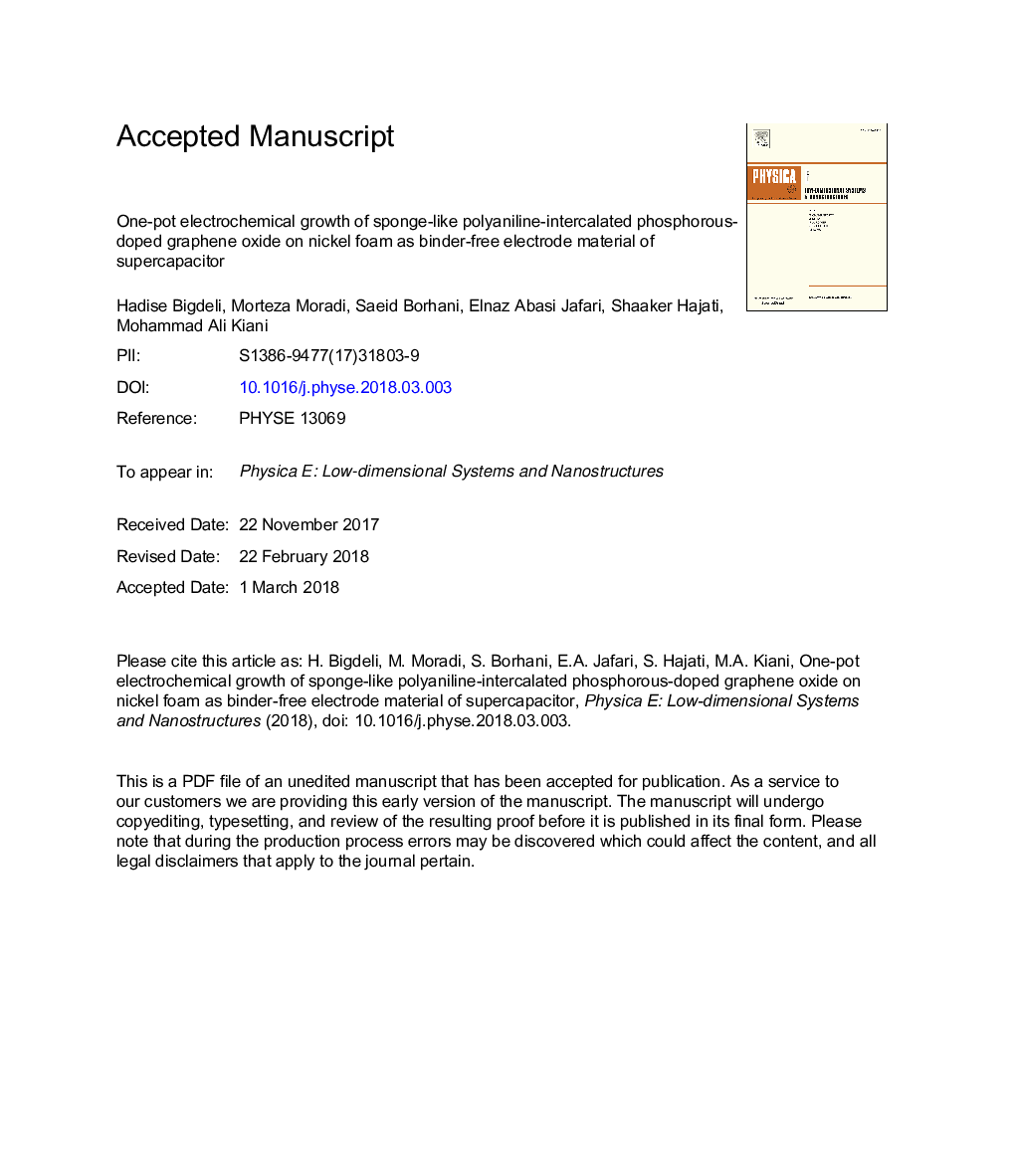 رشد الکتروشیمیایی یک بطری از اکسید گرافن فسفری پلی اتیلن مانند اسفنجی بر روی فوم نیکل به عنوان ماده الکترودهای بدون باند سوپراپاتوراتور 