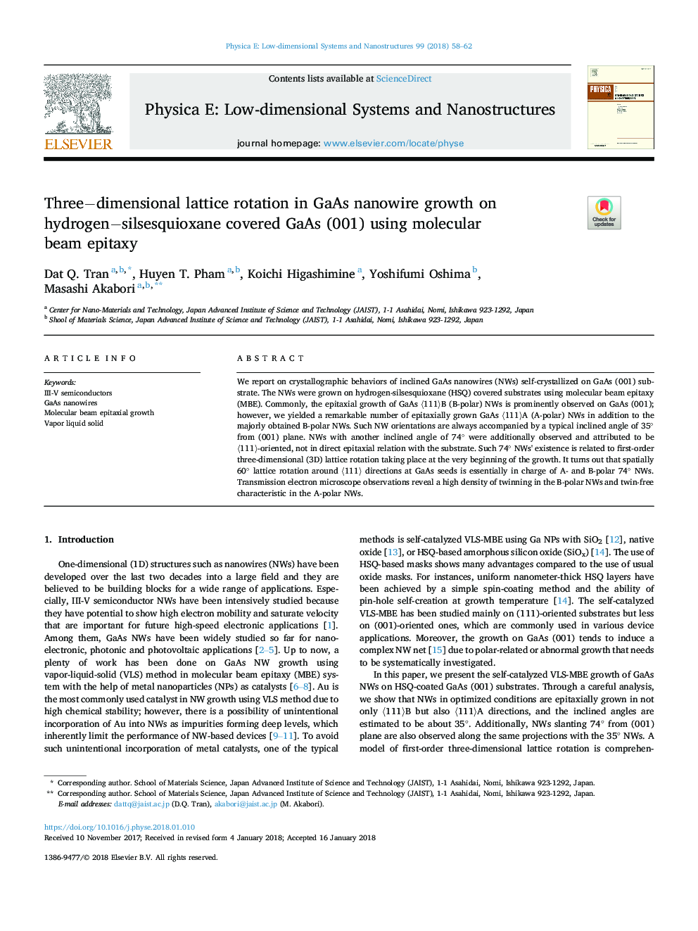 عکس صفحه اول مقاله: Threeâdimensional lattice rotation in GaAs nanowire growth on hydrogenâsilsesquioxane covered GaAs (001) using molecular beam epitaxy Threeâdimensional lattice rotation in GaAs nanowire growth on hydrogenâsilsesquioxane covered GaAs (001) using molecular beam epitaxy
