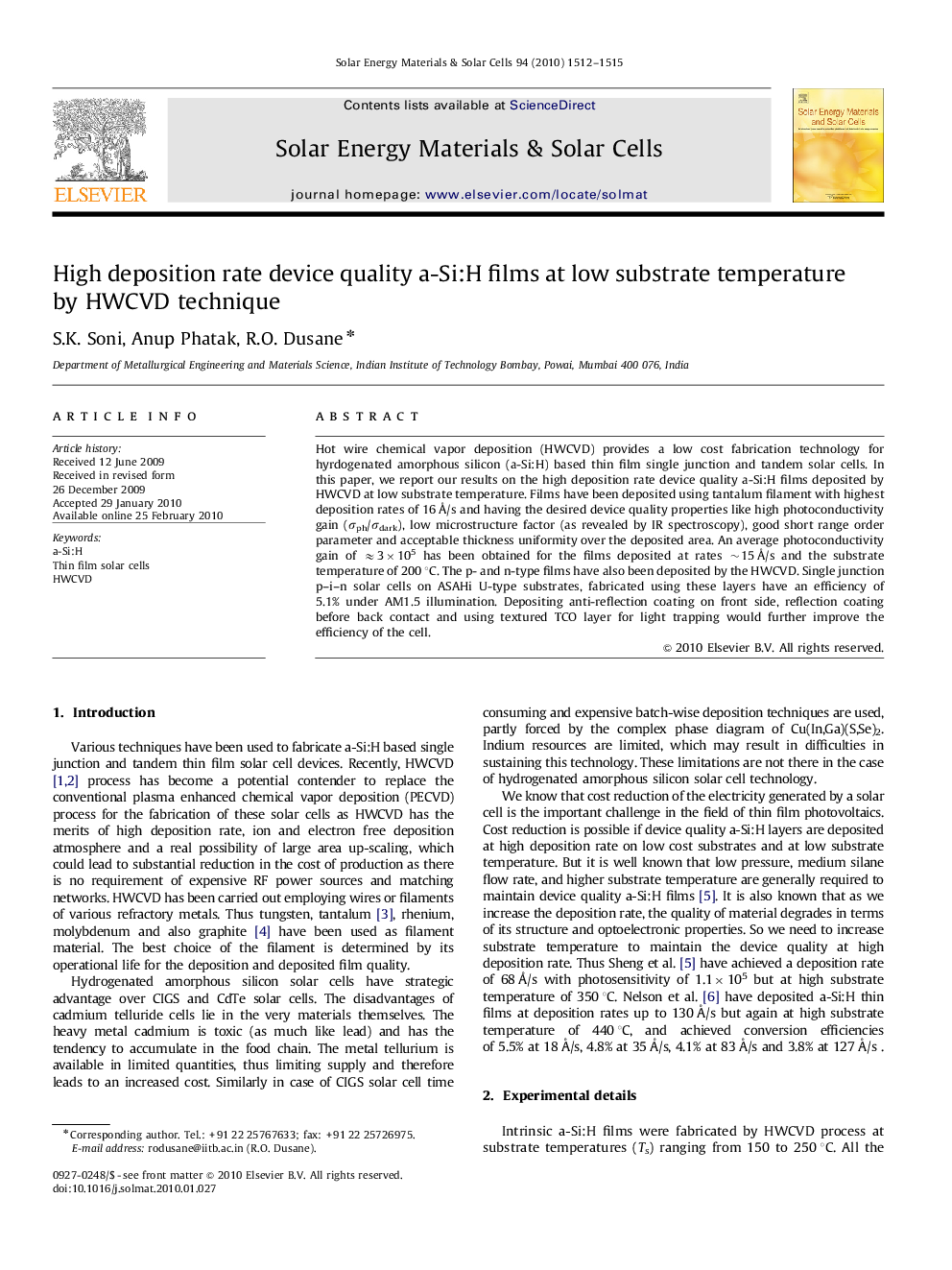 High deposition rate device quality a-Si:H films at low substrate temperature by HWCVD technique