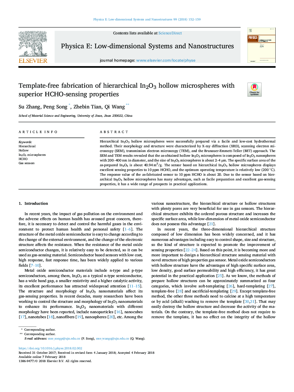 Template-free fabrication of hierarchical In2O3 hollow microspheres with superior HCHO-sensing properties