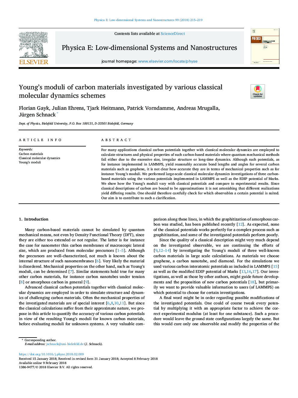 Young's moduli of carbon materials investigated by various classical molecular dynamics schemes