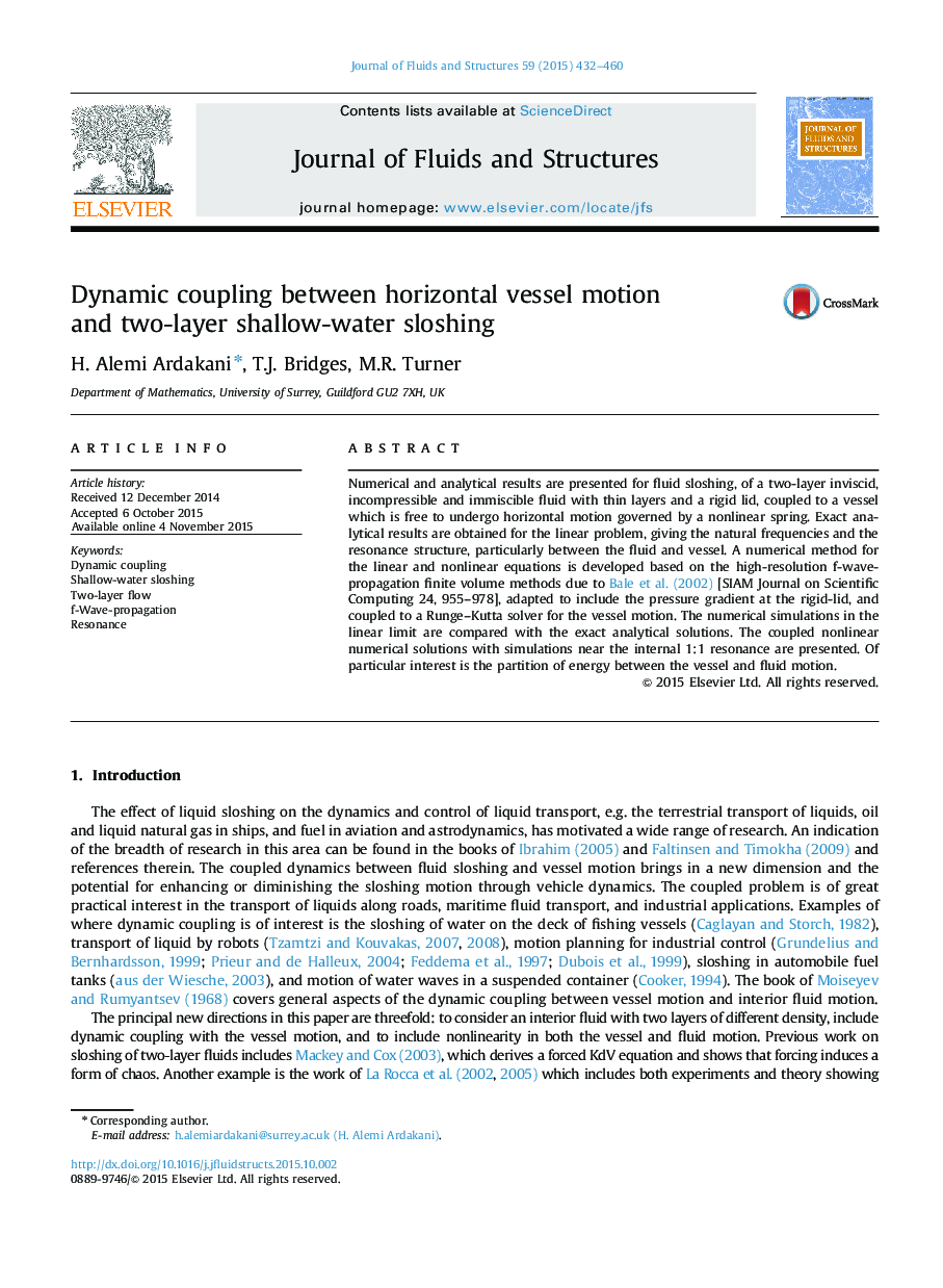 Dynamic coupling between horizontal vessel motion and two-layer shallow-water sloshing