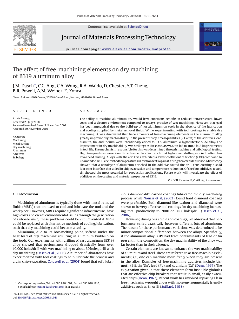 عکس صفحه اول مقاله: The effect of free-machining elements on dry machining of B319 aluminum alloy The effect of free-machining elements on dry machining of B319 aluminum alloy