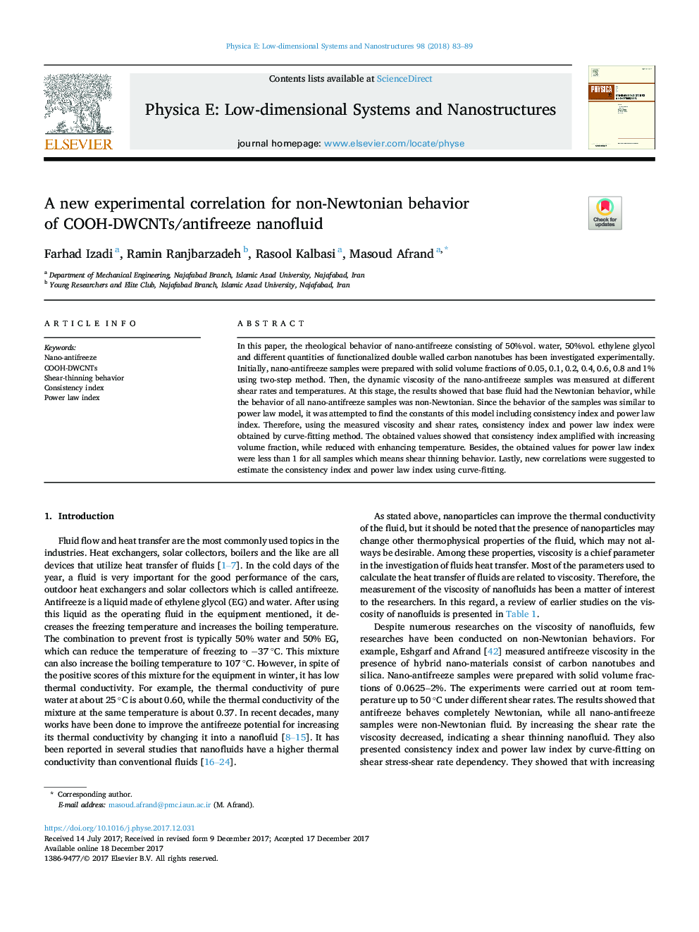 A new experimental correlation for non-Newtonian behavior of COOH-DWCNTs/antifreeze nanofluid