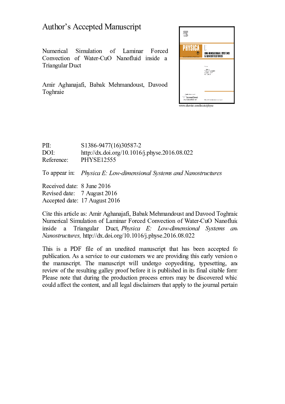 Numerical simulation of laminar forced convection of water-CuO nanofluid inside a triangular duct