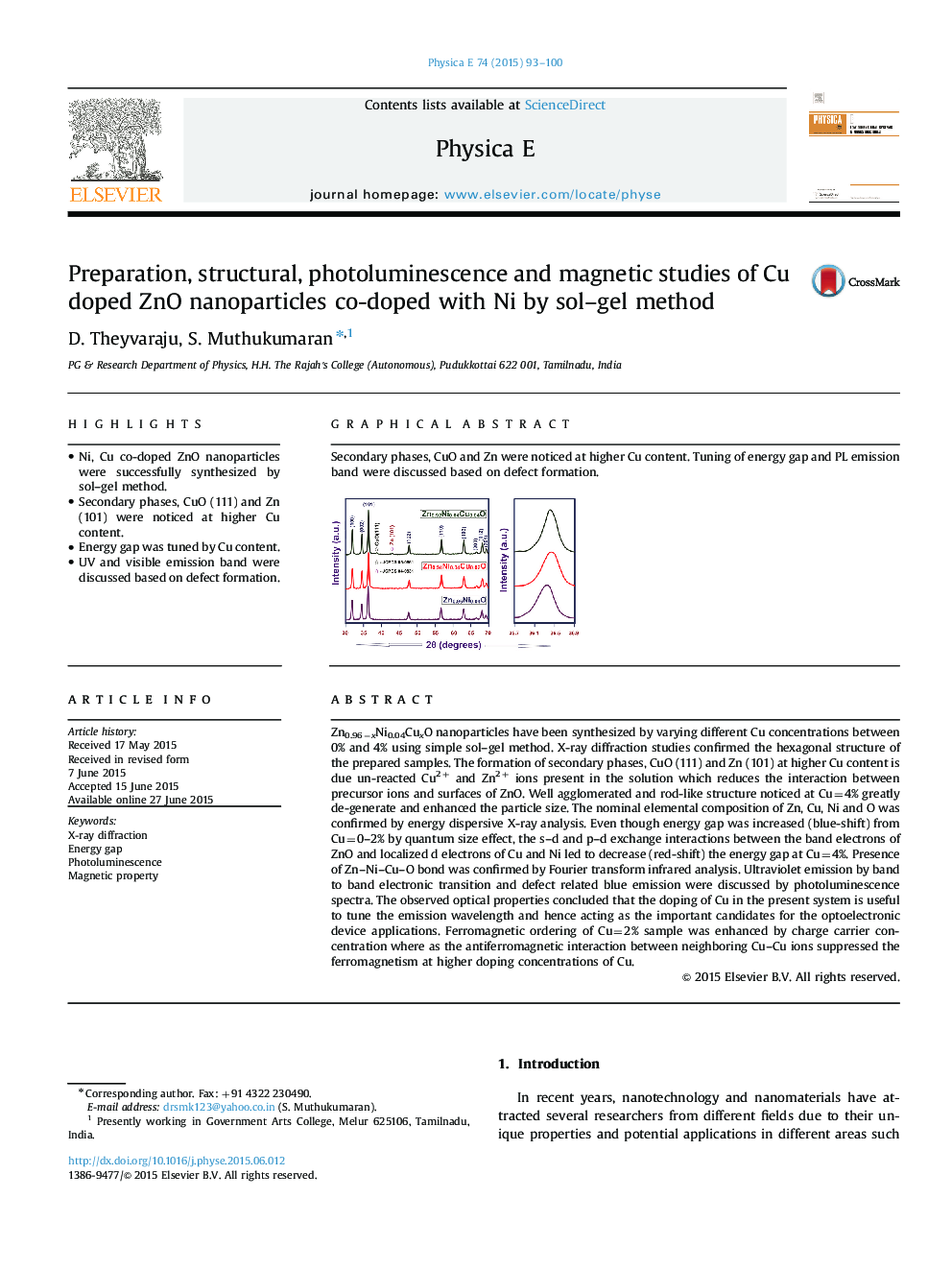 Preparation, structural, photoluminescence and magnetic studies of Cu doped ZnO nanoparticles co-doped with Ni by sol-gel method