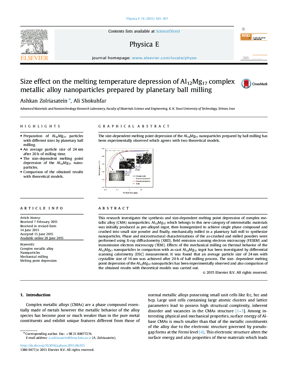 Size effect on the melting temperature depression of Al12Mg17 complex metallic alloy nanoparticles prepared by planetary ball milling