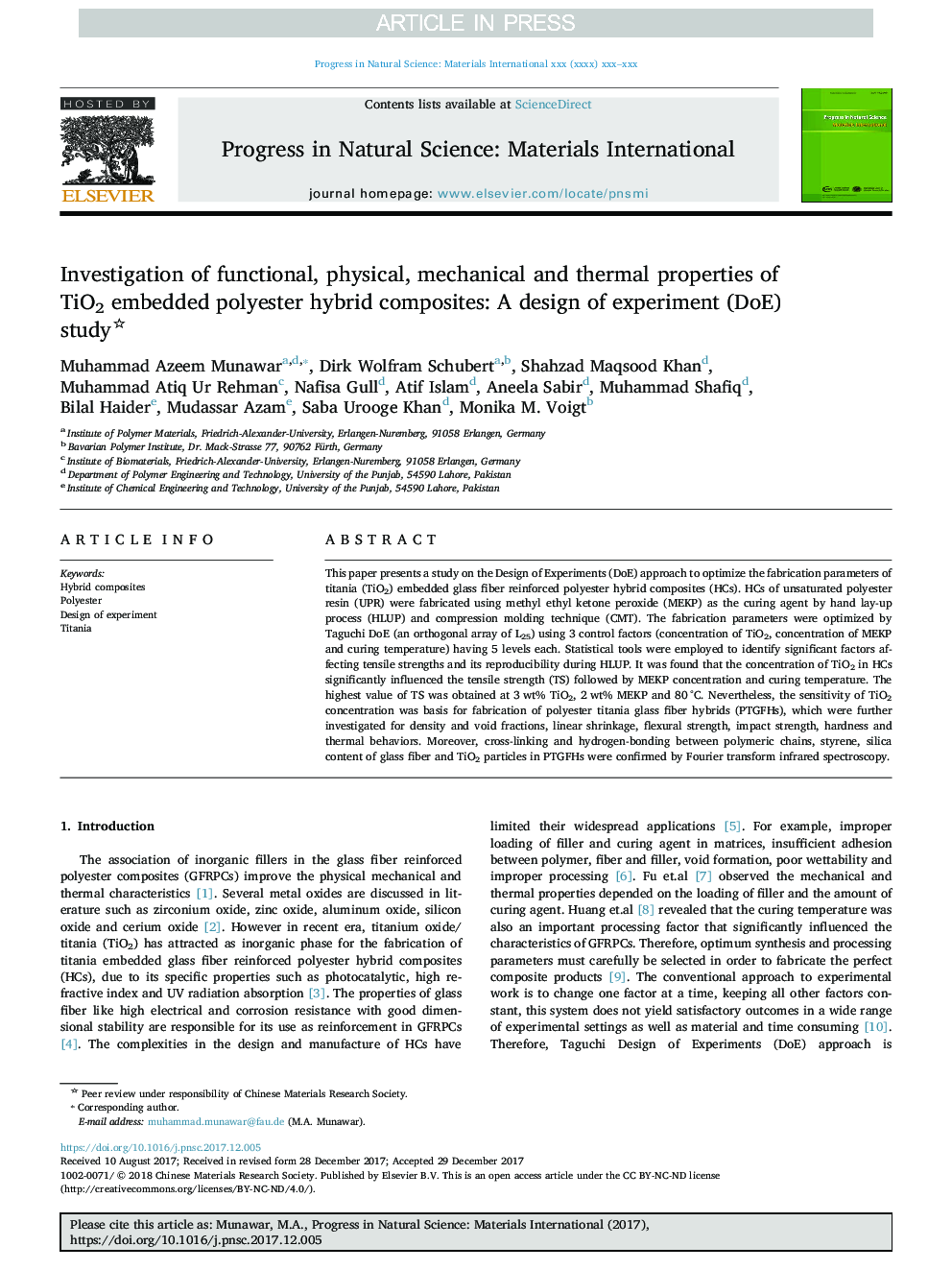 Investigation of functional, physical, mechanical and thermal properties of TiO2 embedded polyester hybrid composites: A design of experiment (DoE) study