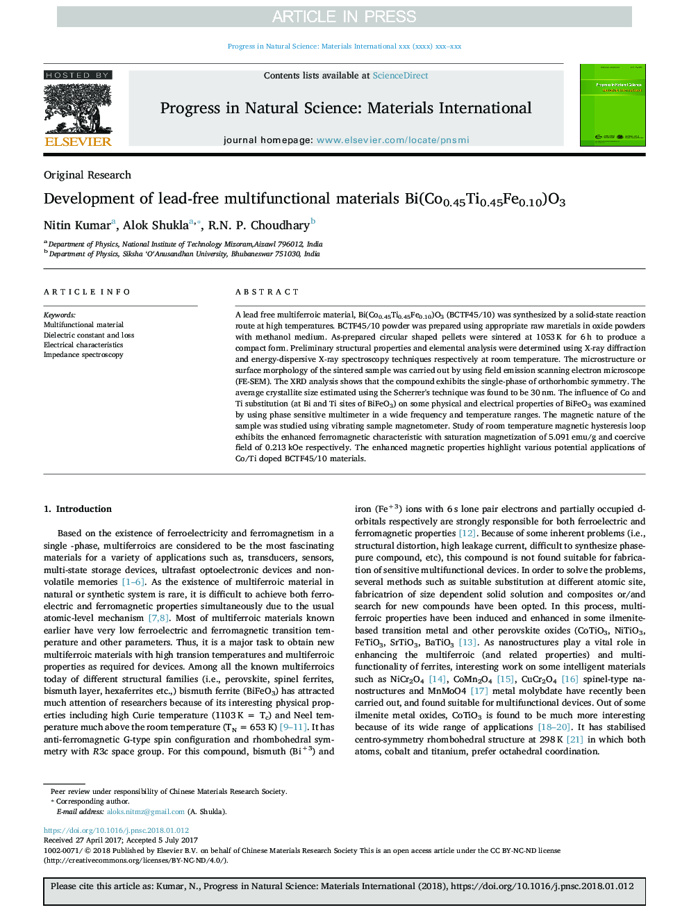 Development of lead-free multifunctional materials Bi(Co0.45Ti0.45Fe0.10)O3