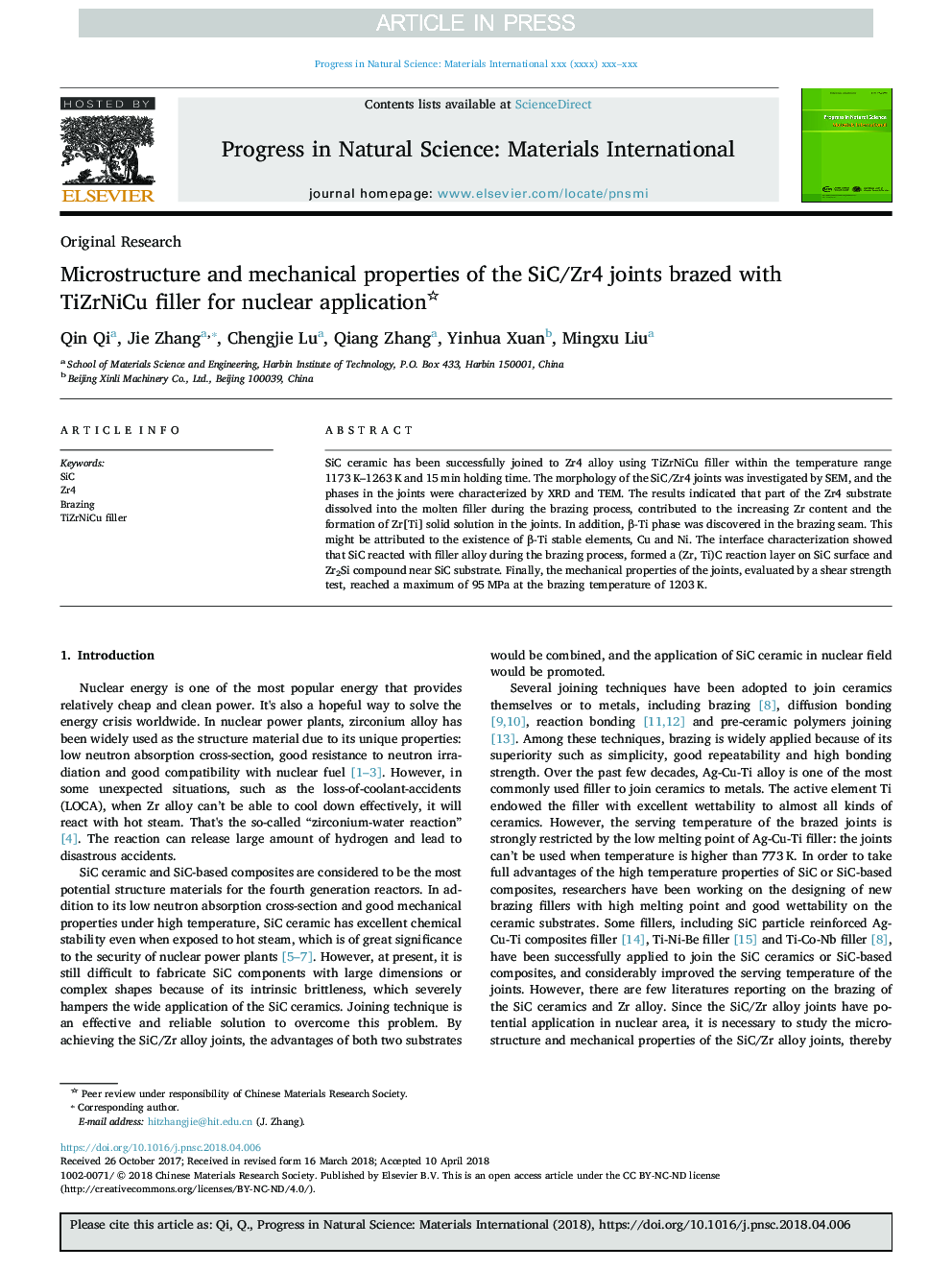 Microstructure and mechanical properties of the SiC/Zr4 joints brazed with TiZrNiCu filler for nuclear application