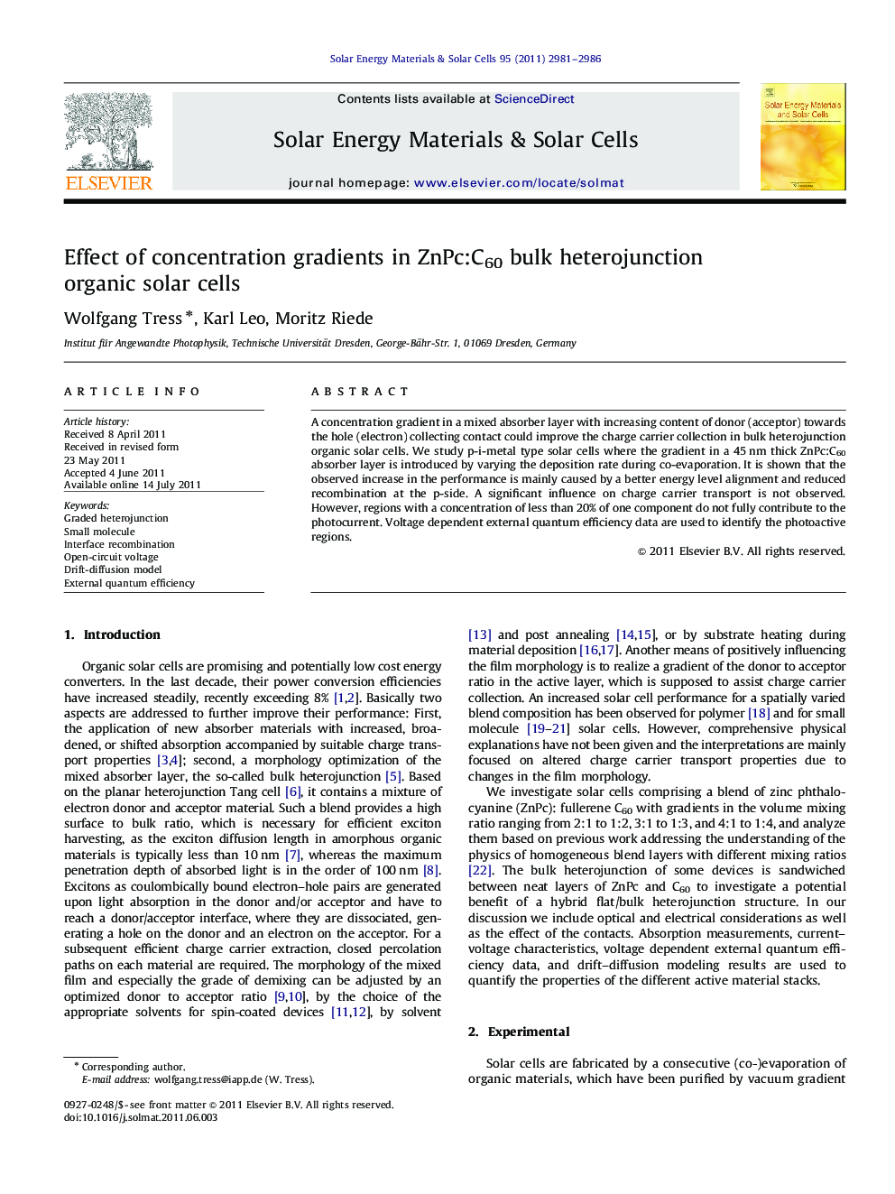 Effect of concentration gradients in ZnPc:C60 bulk heterojunction organic solar cells