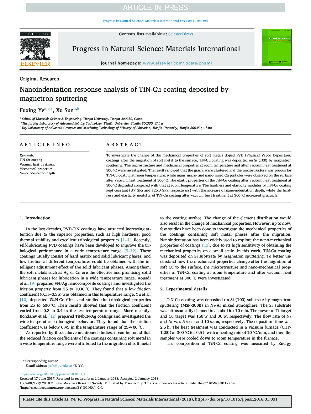 Nanoindentation response analysis of TiN-Cu coating deposited by magnetron sputtering