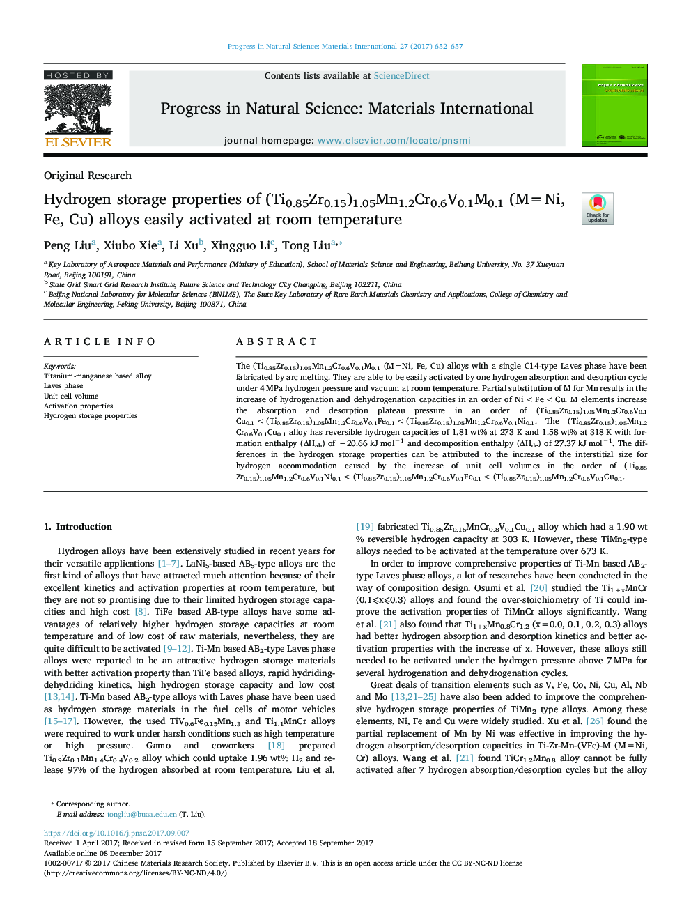 Hydrogen storage properties of (Ti0.85Zr0.15)1.05Mn1.2Cr0.6V0.1M0.1 (M=Ni, Fe, Cu) alloys easily activated at room temperature