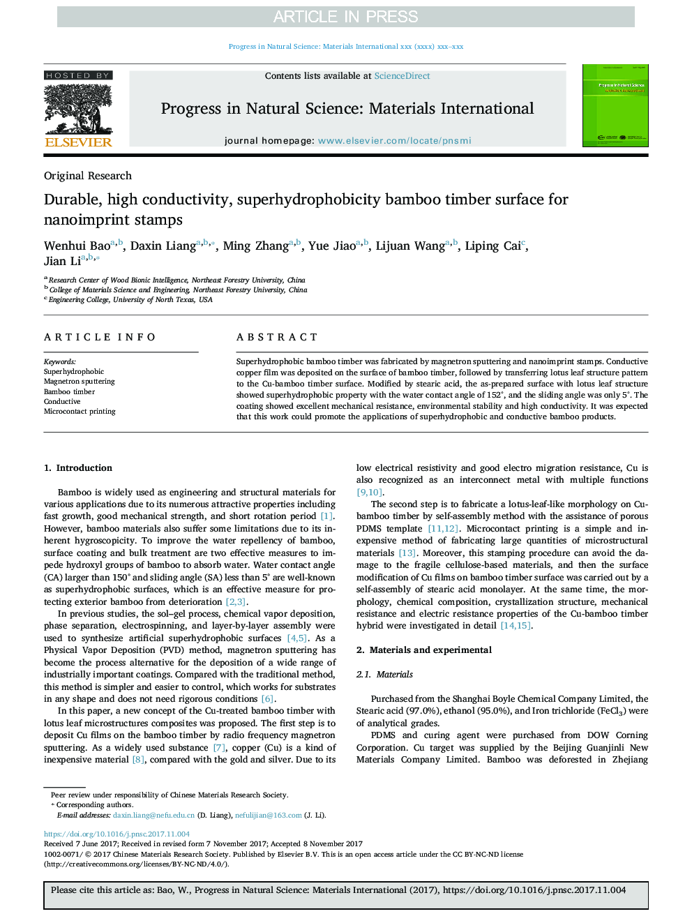 Durable, high conductivity, superhydrophobicity bamboo timber surface for nanoimprint stamps