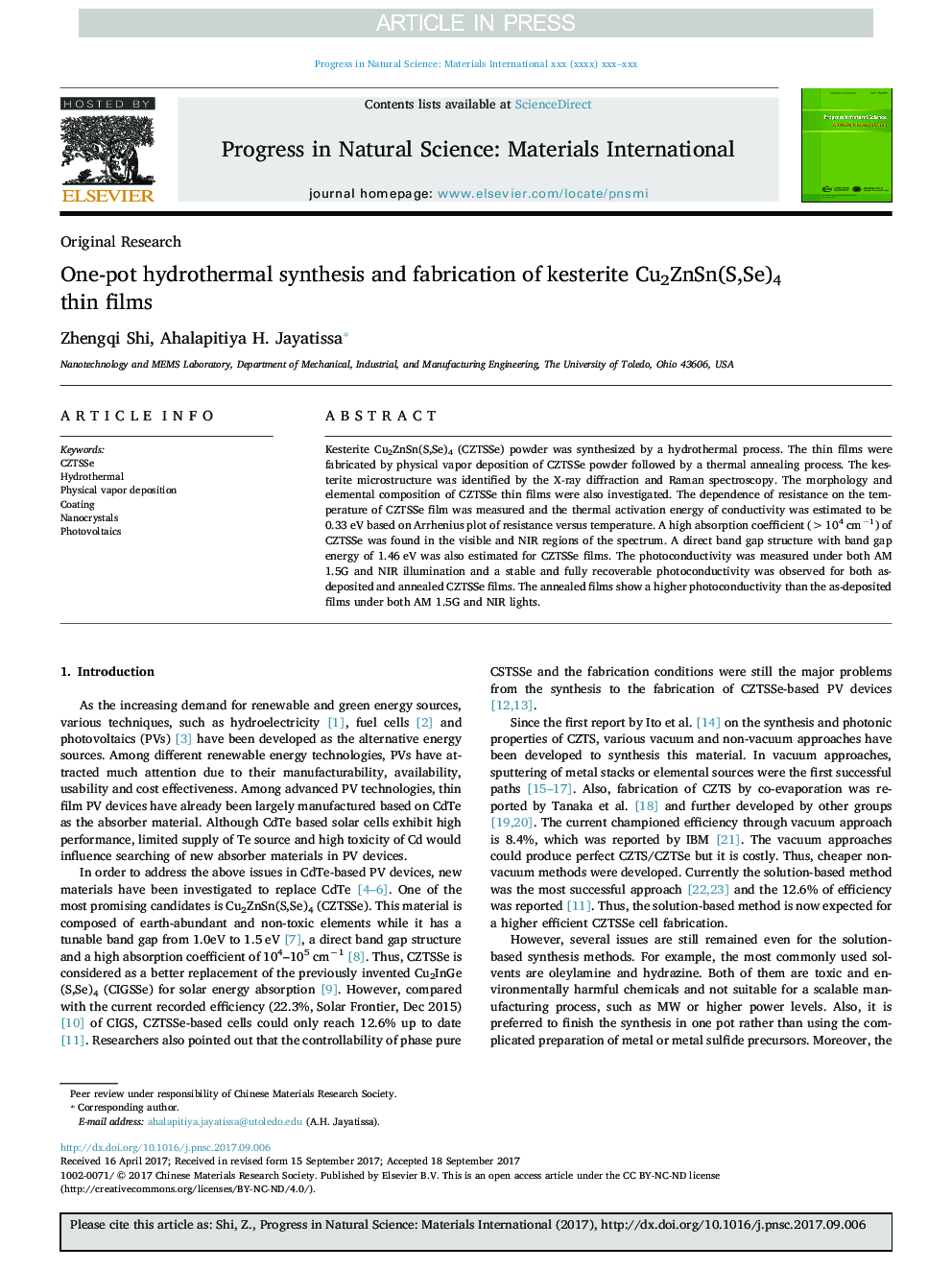 One-pot hydrothermal synthesis and fabrication of kesterite Cu2ZnSn(S,Se)4 thin films