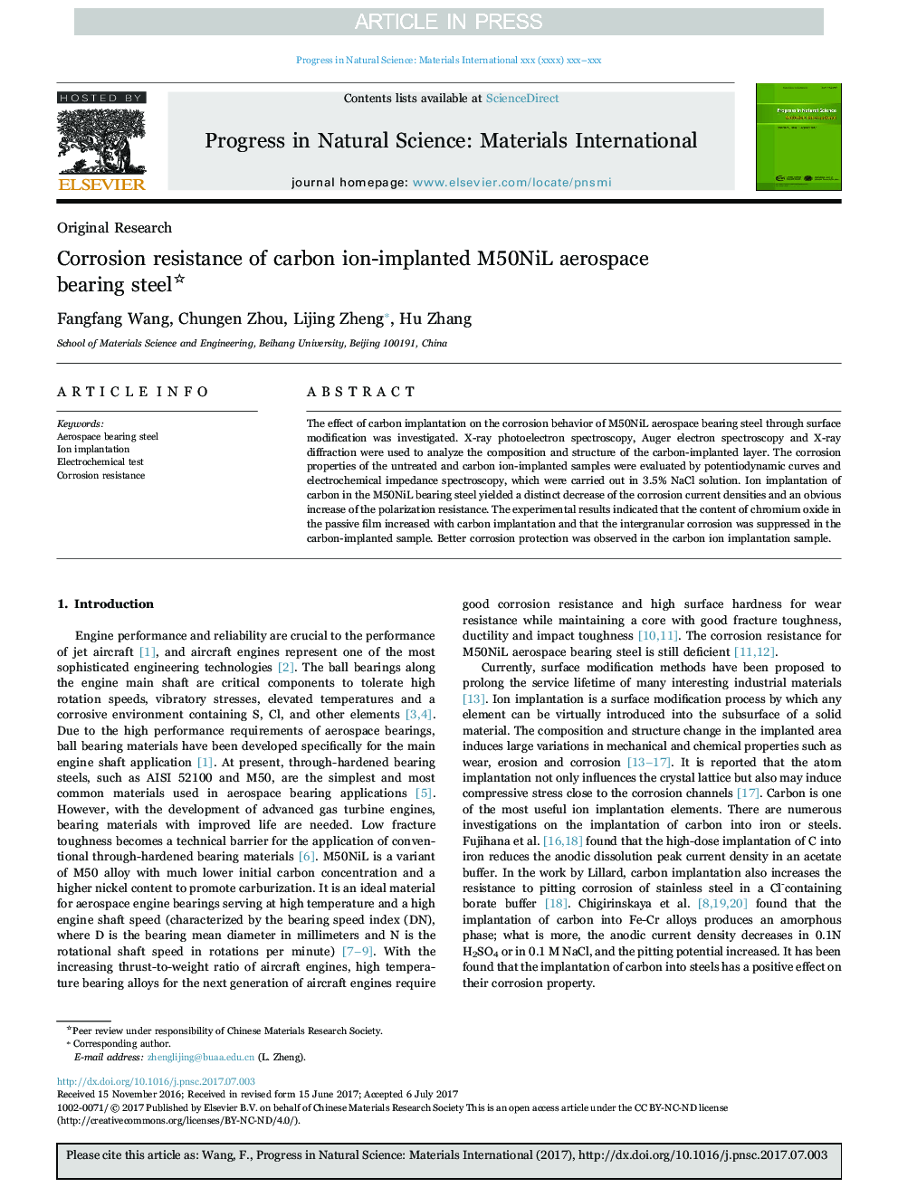 Corrosion resistance of carbon ion-implanted M50NiL aerospace bearing steel