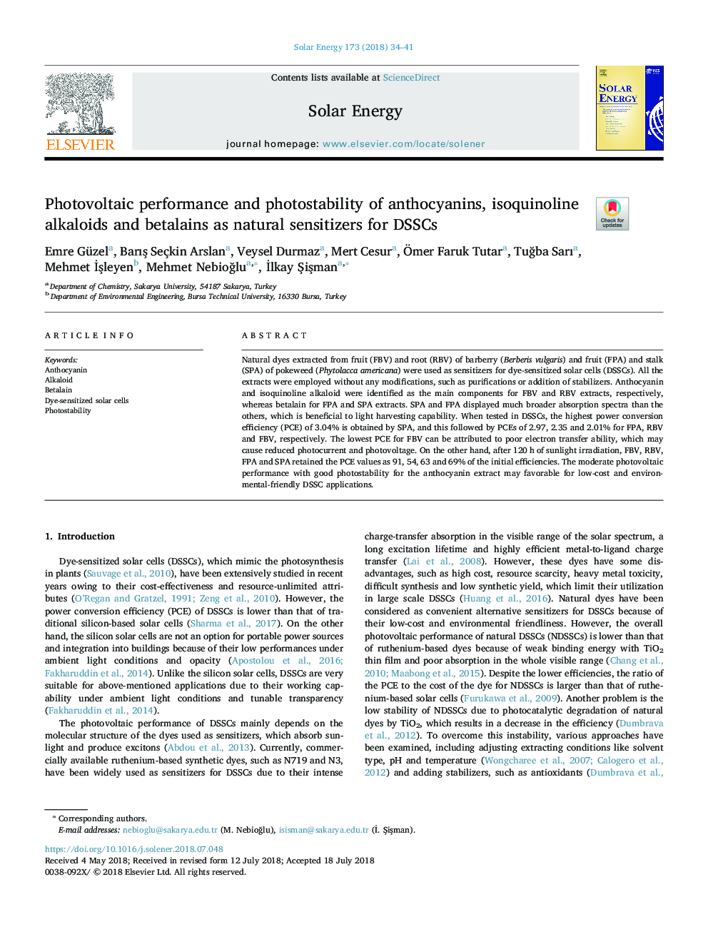 Photovoltaic performance and photostability of anthocyanins, isoquinoline alkaloids and betalains as natural sensitizers for DSSCs