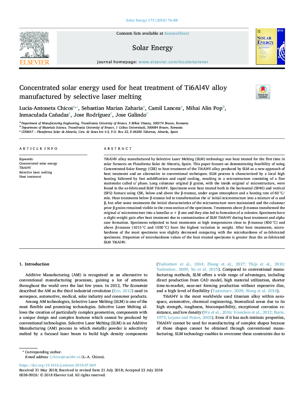 Concentrated solar energy used for heat treatment of Ti6Al4V alloy manufactured by selective laser melting