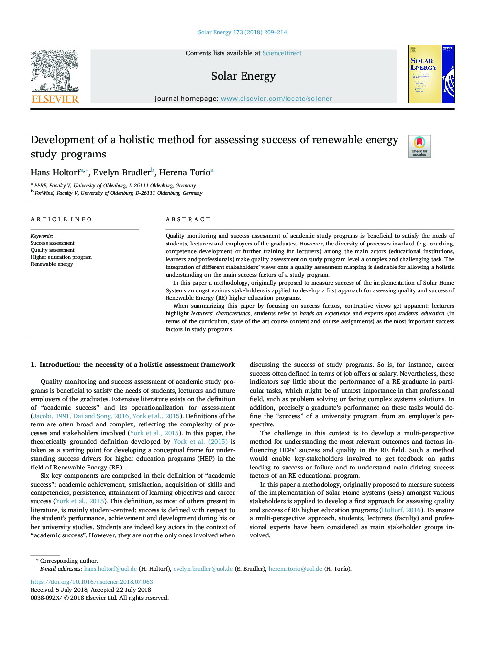 Development of a holistic method for assessing success of renewable energy study programs