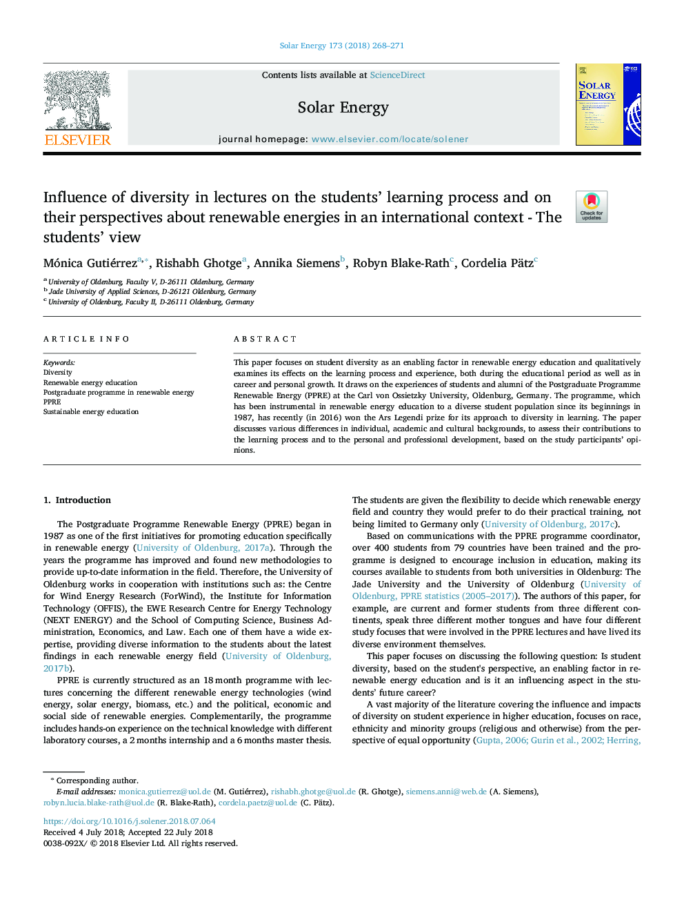 Influence of diversity in lectures on the students' learning process and on their perspectives about renewable energies in an international context - The students' view