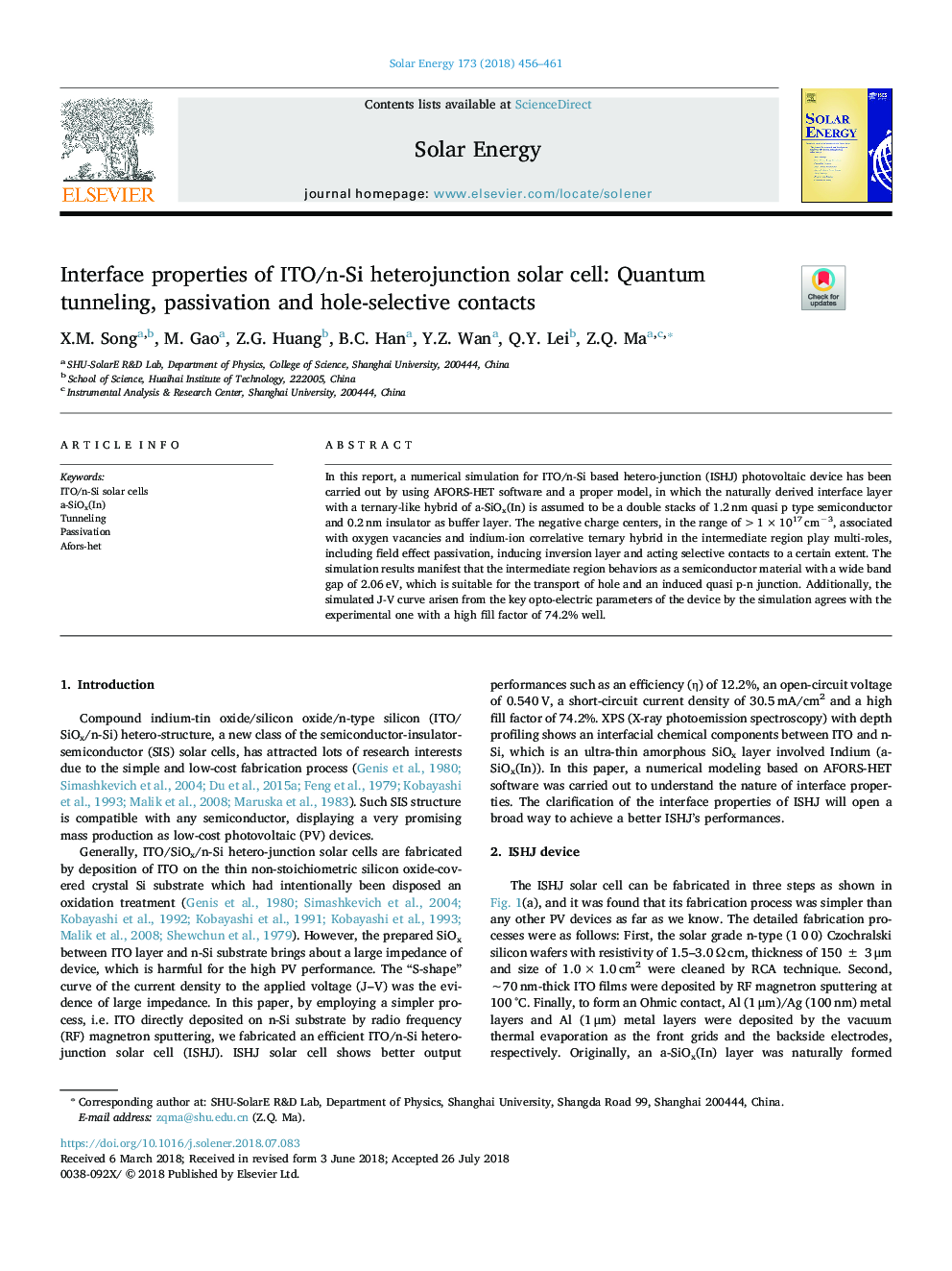 Interface properties of ITO/n-Si heterojunction solar cell: Quantum tunneling, passivation and hole-selective contacts