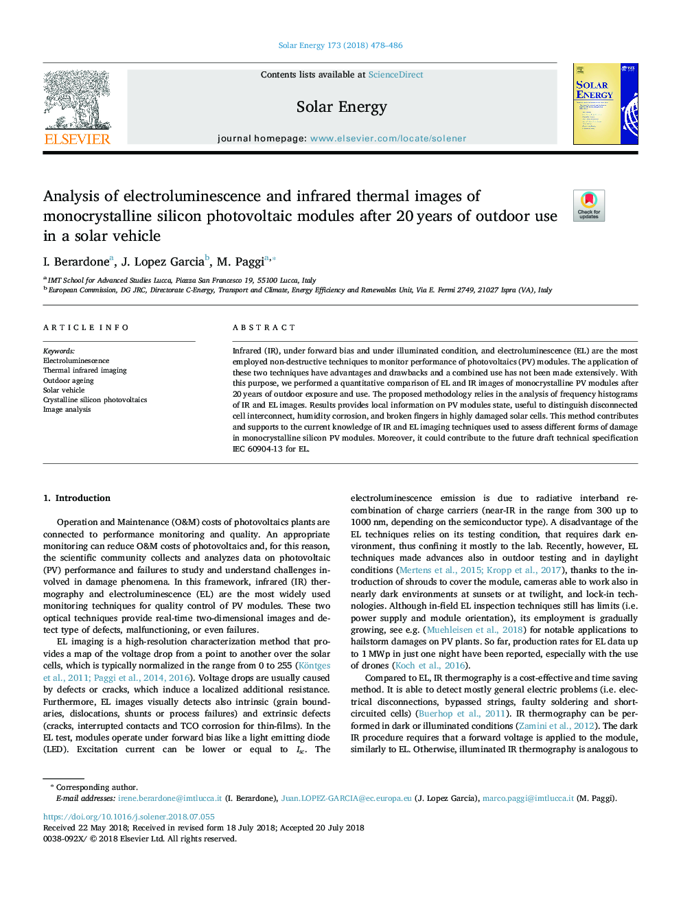 Analysis of electroluminescence and infrared thermal images of monocrystalline silicon photovoltaic modules after 20â¯years of outdoor use in a solar vehicle