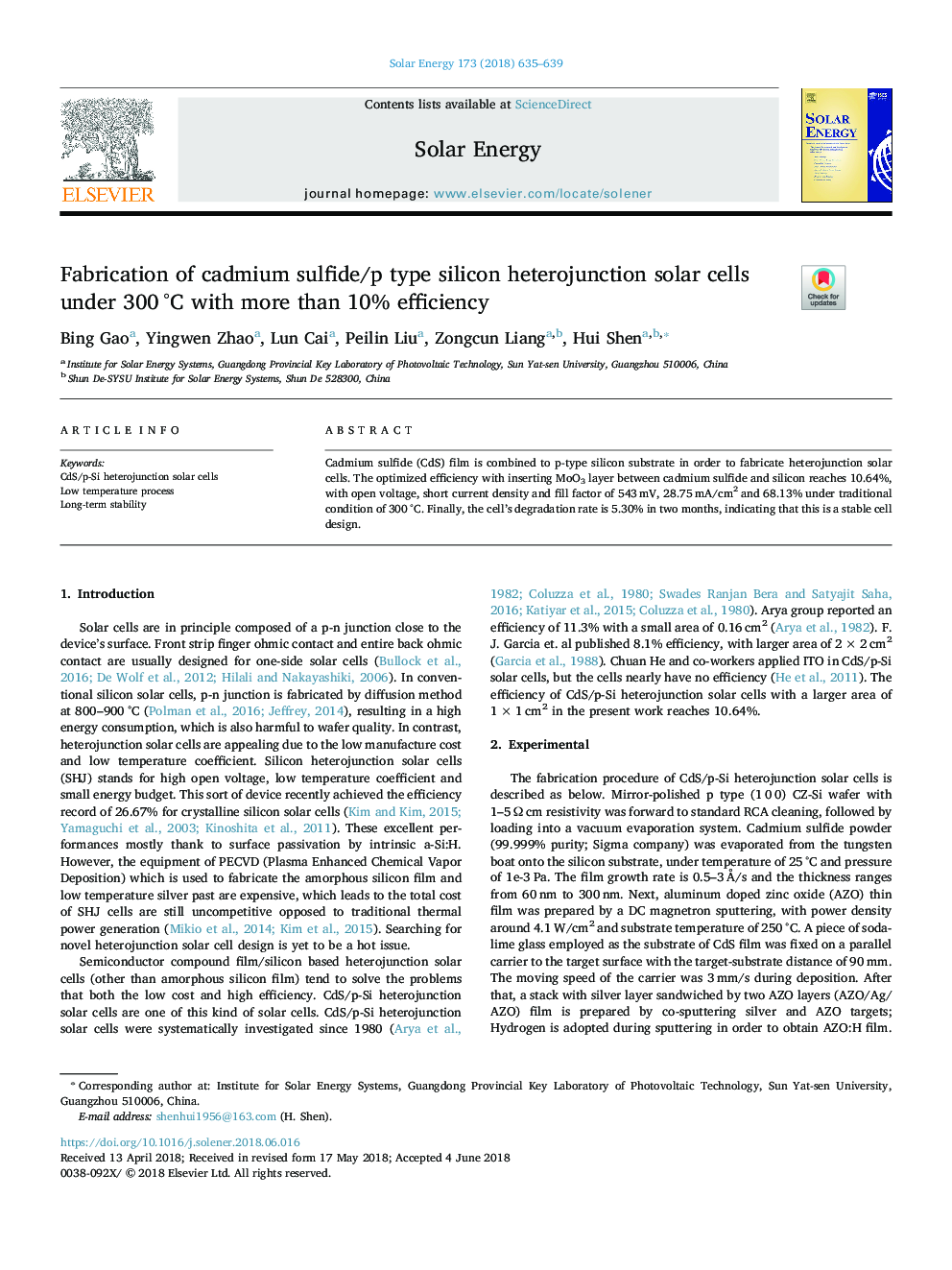 Fabrication of cadmium sulfide/p type silicon heterojunction solar cells under 300â¯Â°C with more than 10% efficiency