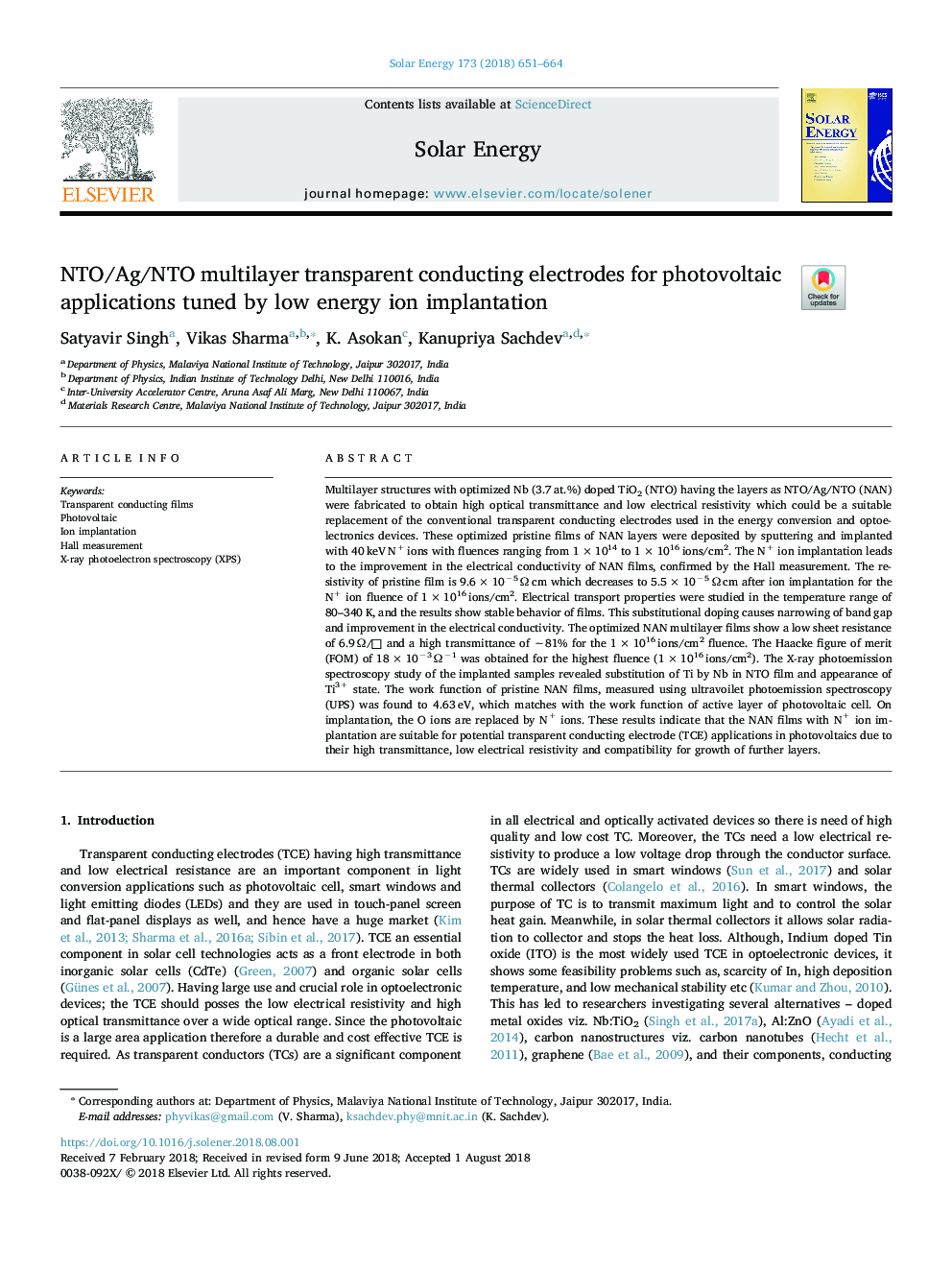 NTO/Ag/NTO multilayer transparent conducting electrodes for photovoltaic applications tuned by low energy ion implantation